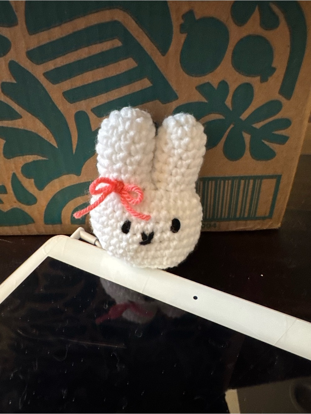 White Crochet Bunny bag charm with Pink Bow -